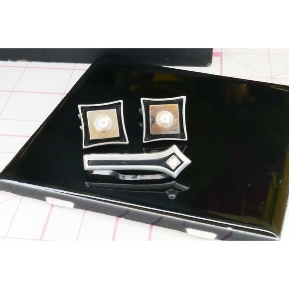 Moderniest MCM Sterling Silver & Pearl Jewelry Set Cufflinks Tie Bar Signed V - Picture 3 of 11